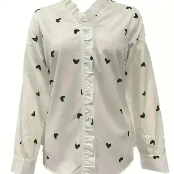 White Heart Print Ruffle Trim Elegant V Neck Long Sleeve Blouse XXL/14 - Picture 2 of 7